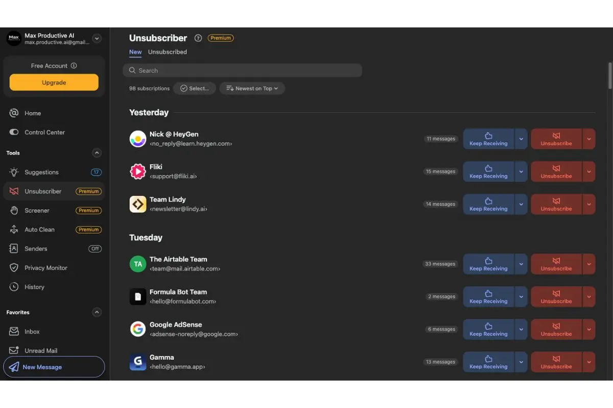 Clean Email Unsubscriber showing 98 subscriptions with Keep Receiving and Unsubscribe buttons