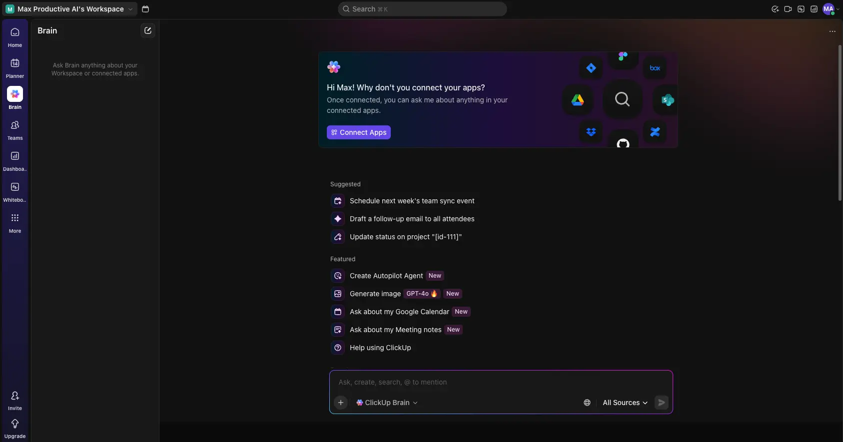 ClickUp Brain AI command center with suggested actions