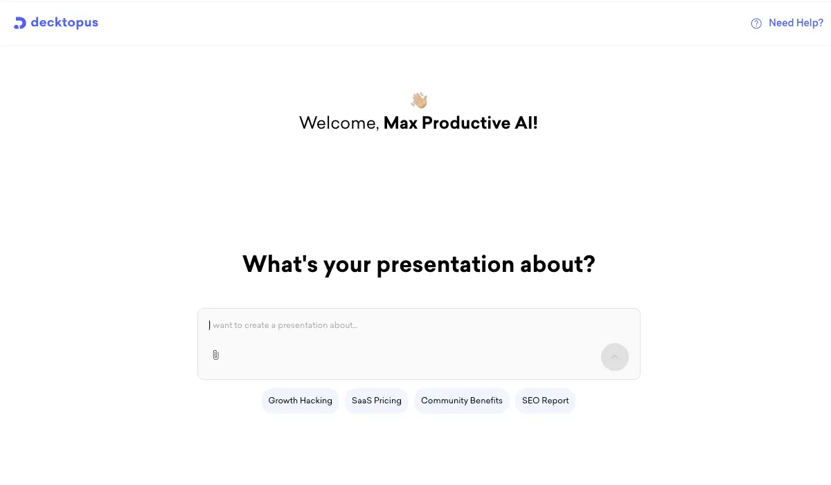 Decktopus AI presentation maker interface showing template selection and AI-generated slides