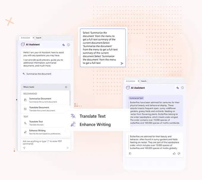Foxit PDF Editor dashboard showing AI Assistant interface with document editing capabilities and real-time collaboration tools