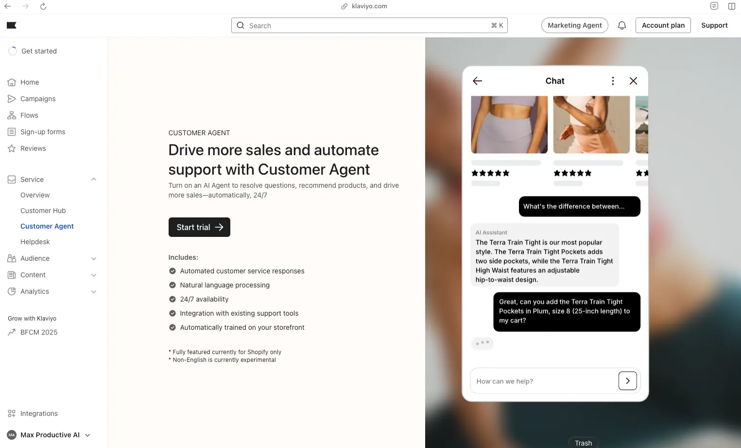 Klaviyo Customer Agent AI showing automated chat with product recommendations and ratings