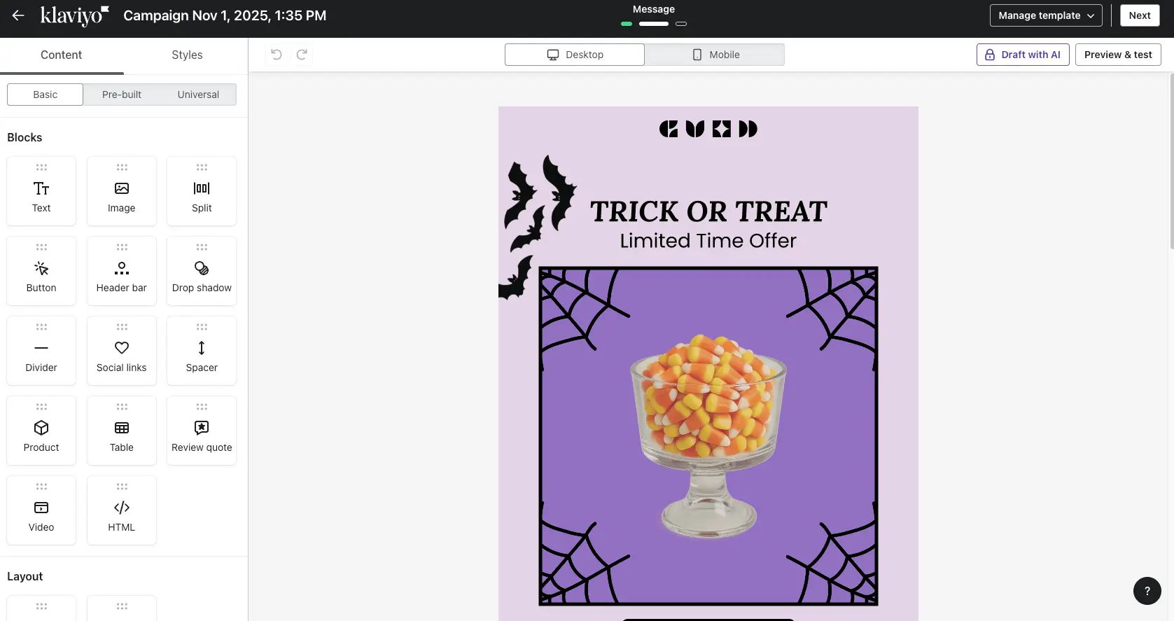 Klaviyo drag-and-drop email editor with content blocks, template preview, and desktop/mobile responsive view