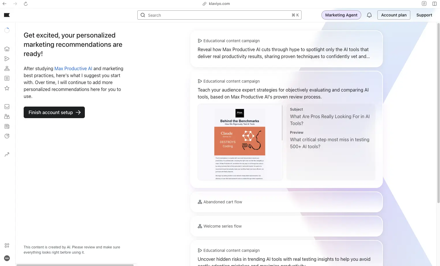 Klaviyo Marketing Agent displaying AI-generated campaign recommendations with subject lines and content