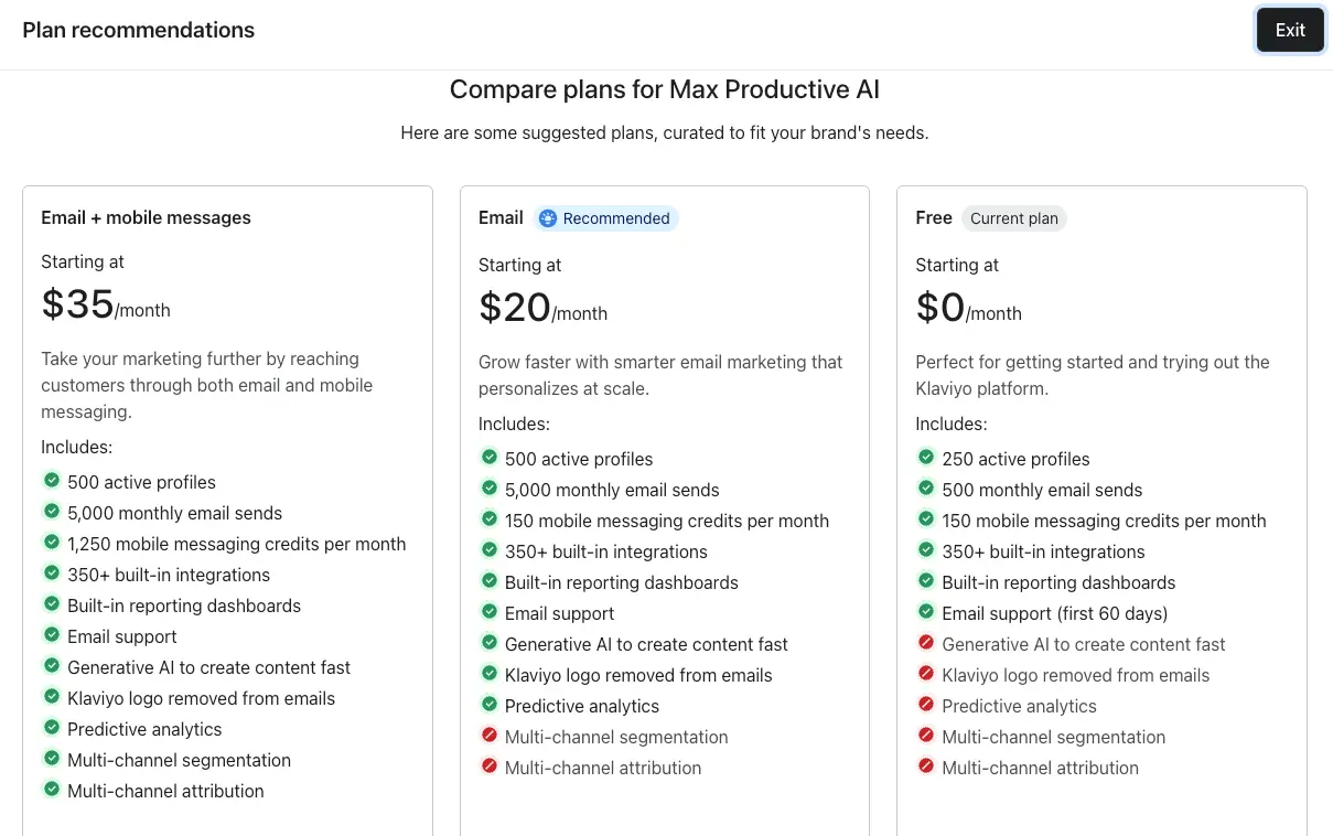 Klaviyo pricing plans comparison January 2026 showing Free, Email, and Email + SMS tiers