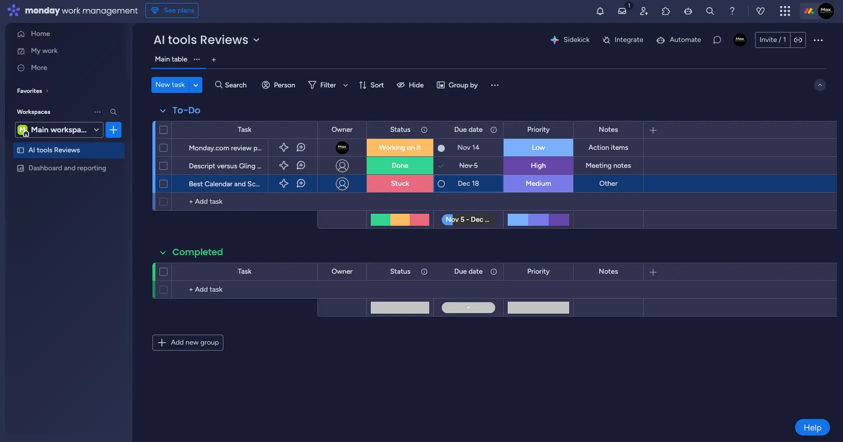 Monday.com color-coded board with Working on it, Done, Stuck statuses