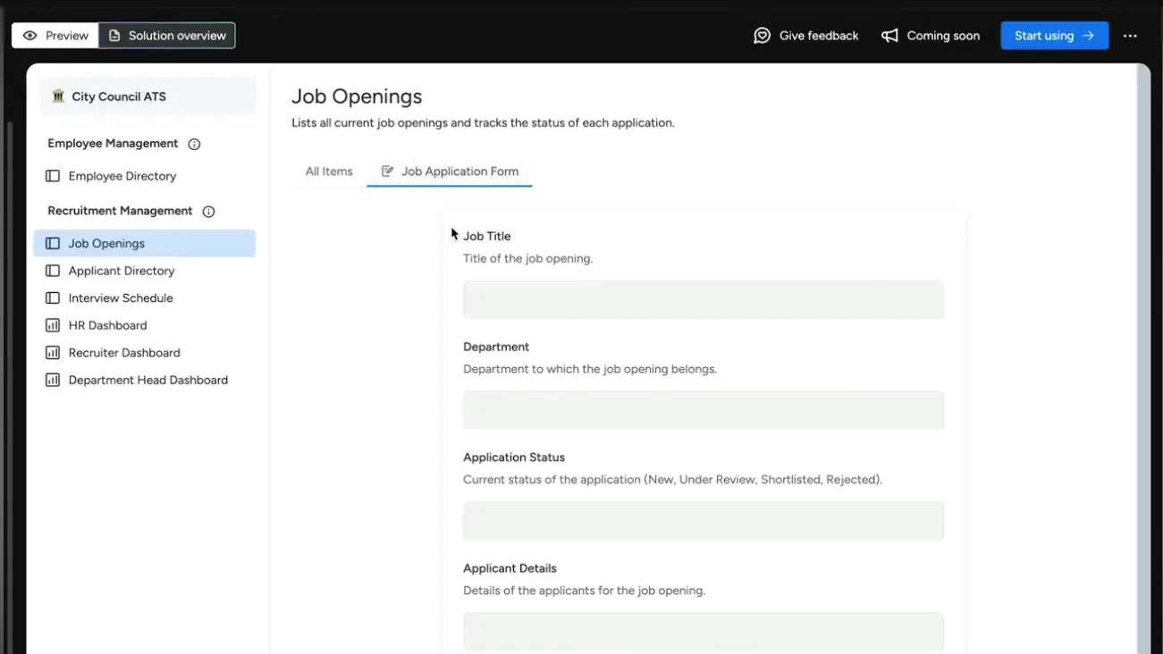 Automatically created job application form with fields for job title, department, application status, and applicant details