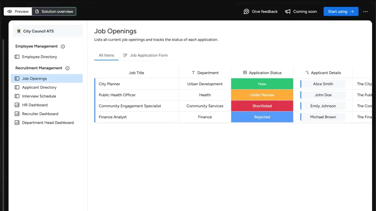 AI-generated City Council ATS workspace showing job openings board with application status columns and candidate tracking