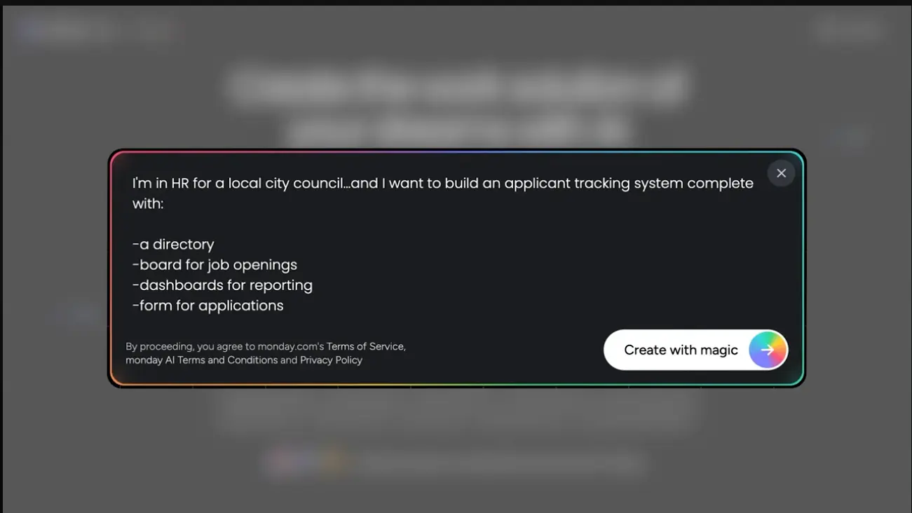 Prompt for creating HR applicant tracking system with monday magic showing job openings, directory, dashboards and application forms