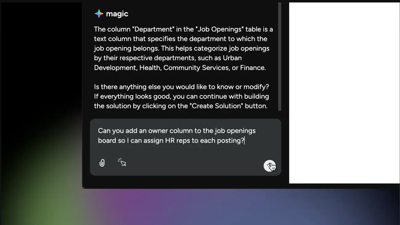 monday magic point and ask feature providing contextual explanation of department column in job openings table