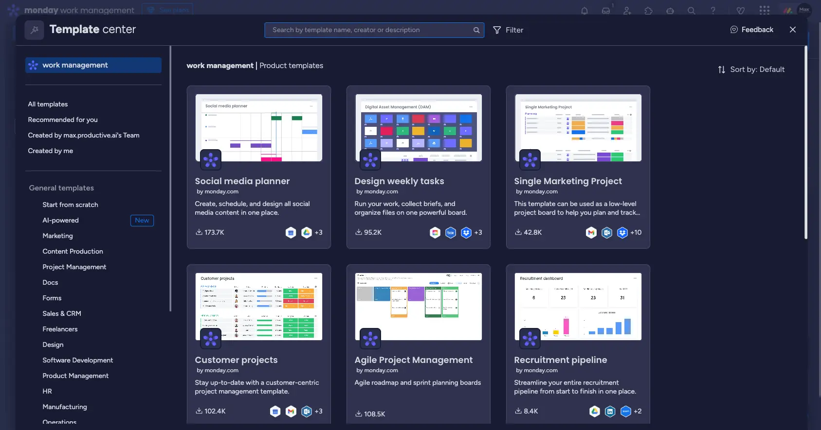 Monday.com Template Center with project templates