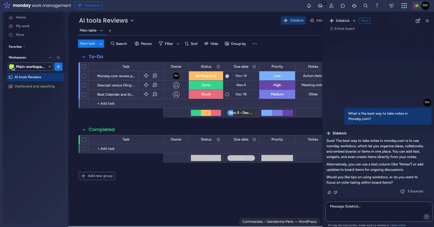 Monday.com board with Sidekick AI assistant panel
