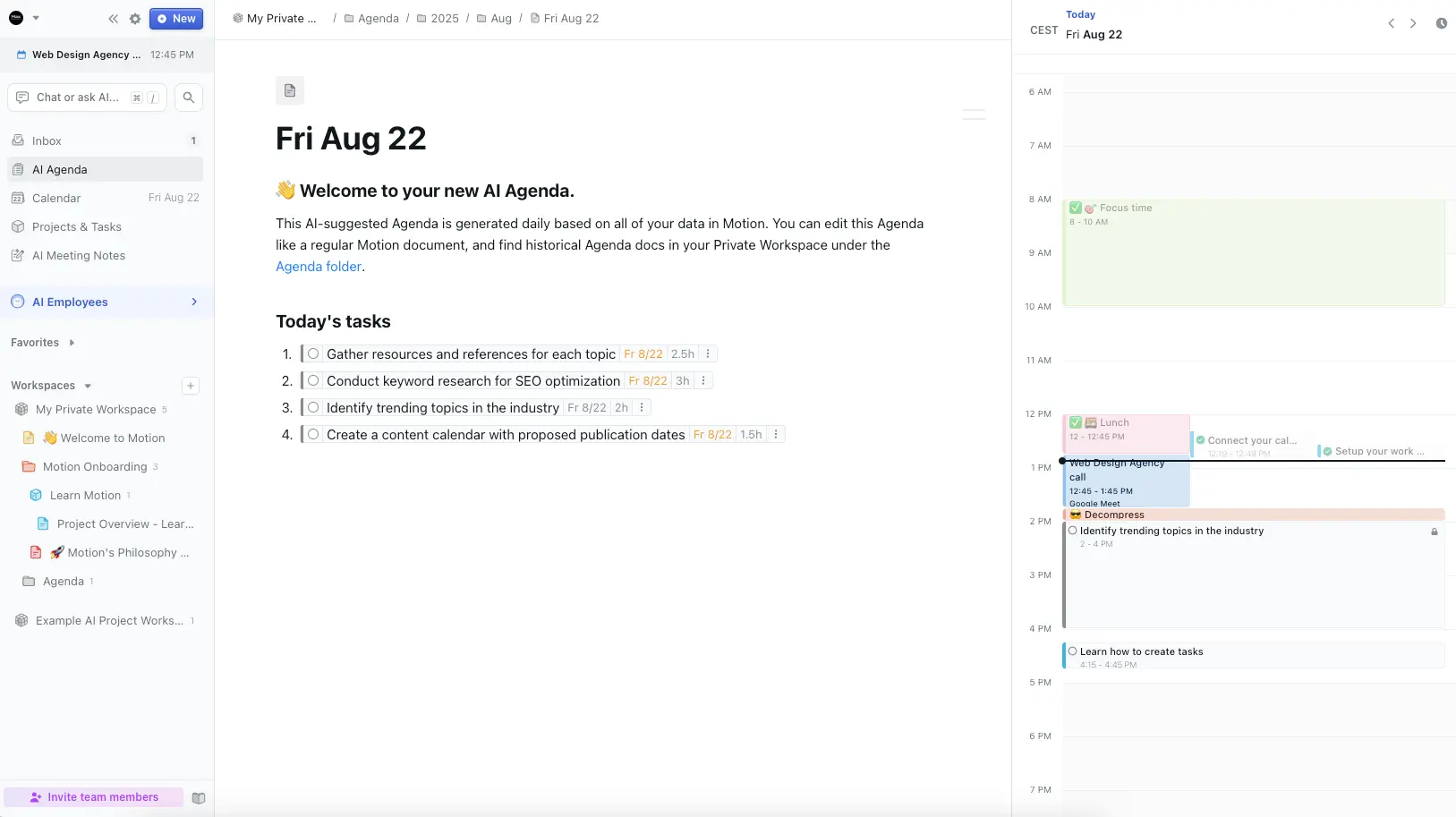 Motion AI Agenda generating daily task schedule