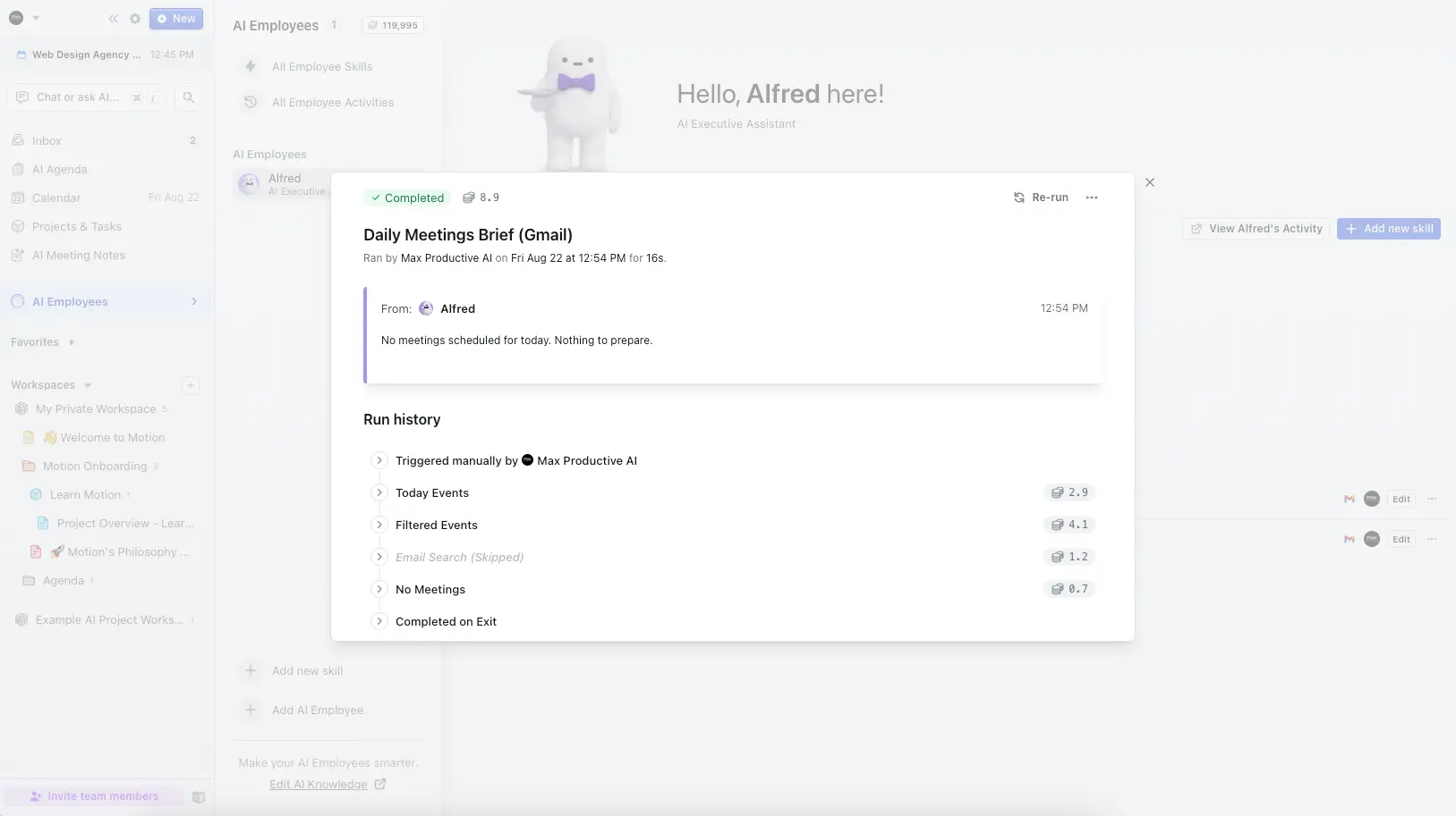 Motion AI Employee Alfred daily meetings brief automation