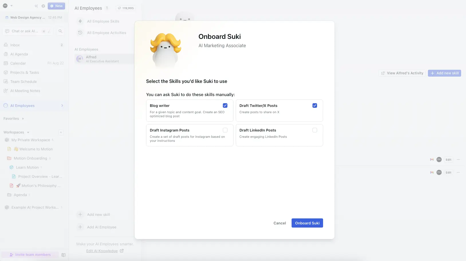 Motion AI Employee Suki marketing assistant skills selector