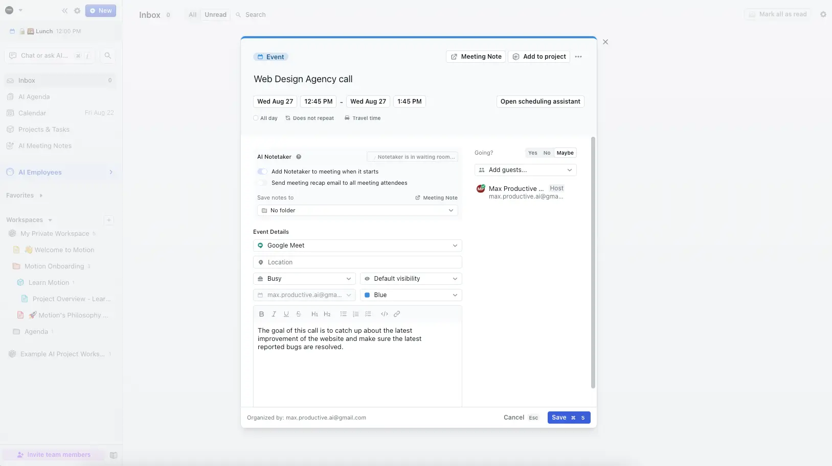 Motion event creation with Google Meet and AI Notetaker