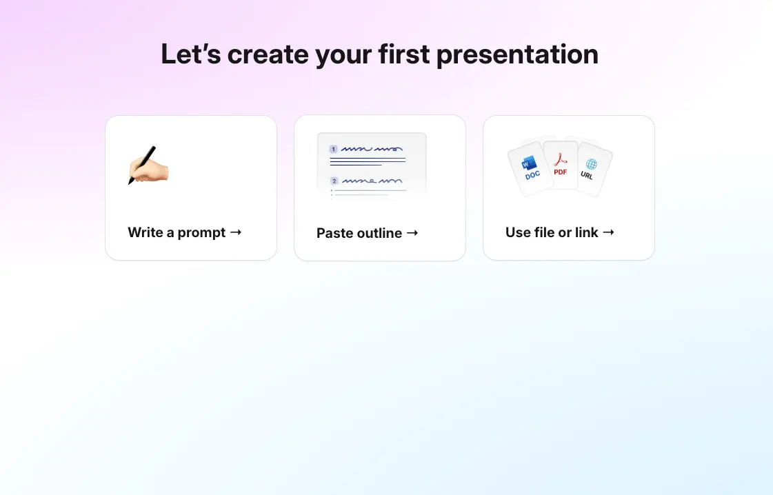 Presentations.ai creation methods showing three options: write a prompt, paste outline, or use file or link