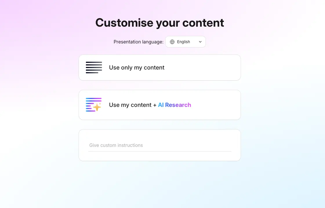 Presentations.ai content customization showing language selection and content enhancement options