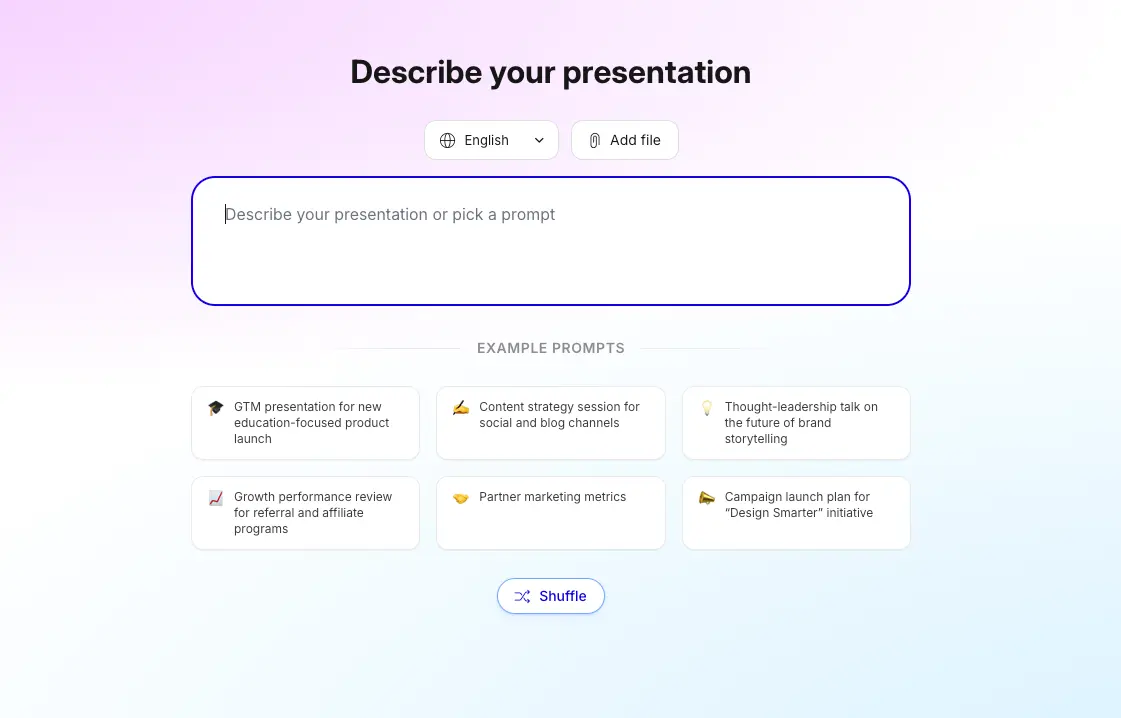 Presentations.ai prompt input interface with example prompts for different presentation types