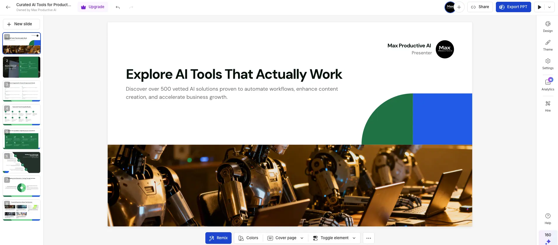 Presentations.ai editing interface showing slide thumbnails, design controls, and customization options