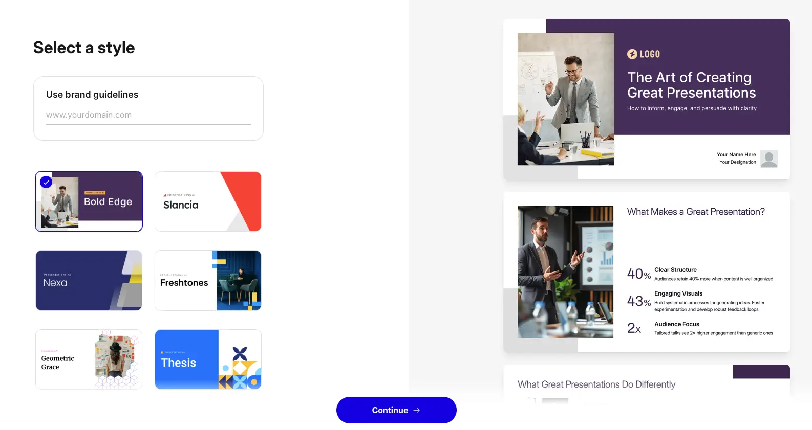 Presentations.ai interface showing style selection and theme customization options