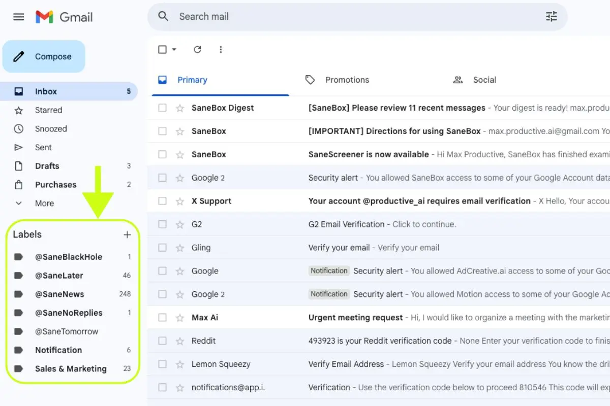 SaneBox Gmail integration