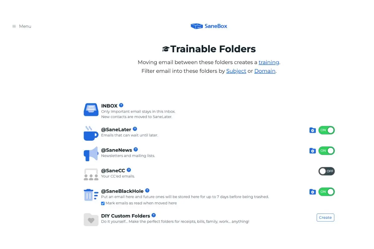 SaneBox trainable folders panel showing SaneLater, SaneNews, SaneCC, SaneBlackHole, and DIY custom folder options with on/off toggles