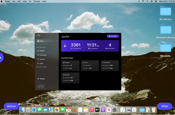 Sparkle AI file organizer dashboard showing three-tier organization system with Recents, Manual Library, and AI Library