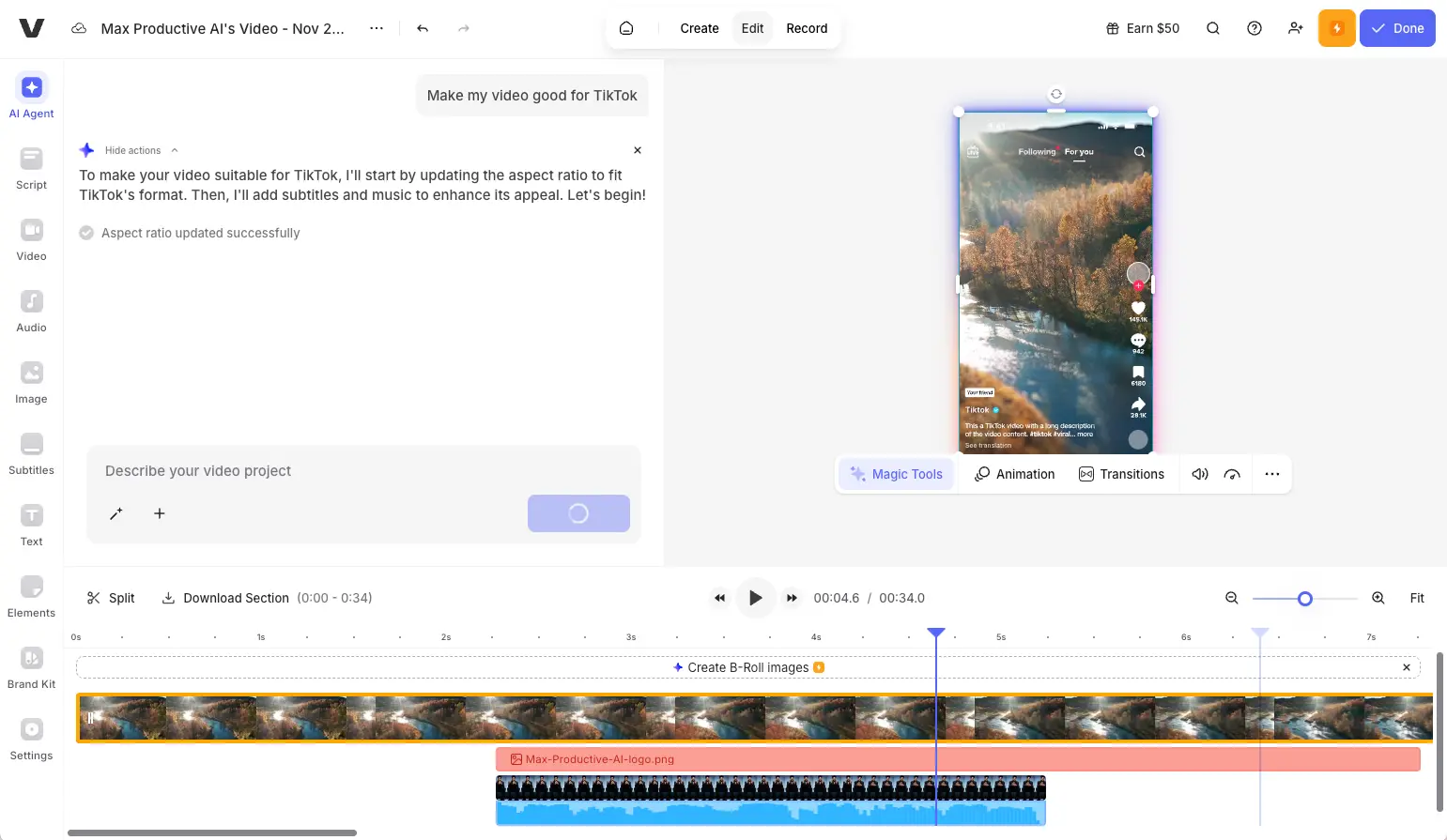 VEED AI Copilot Processing TikTok Command