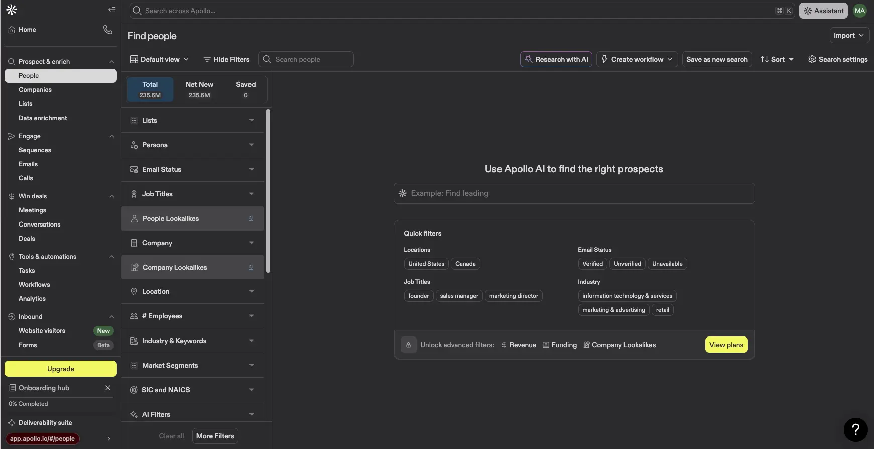 Apollo.io AI prospect research with 235M contacts