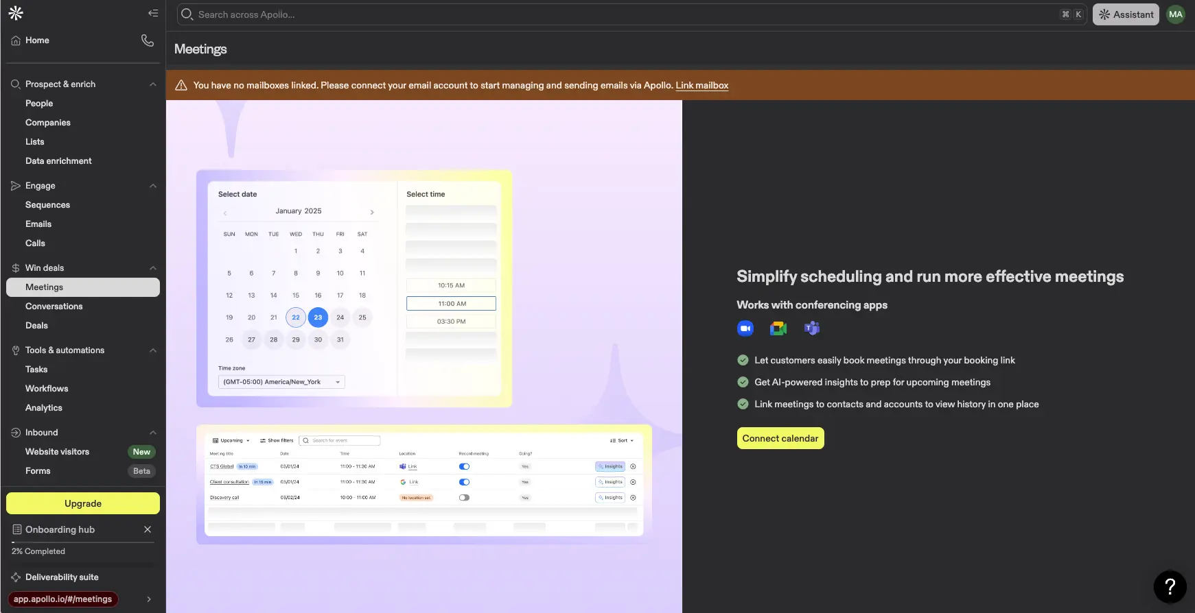 Apollo.io meetings scheduling interface