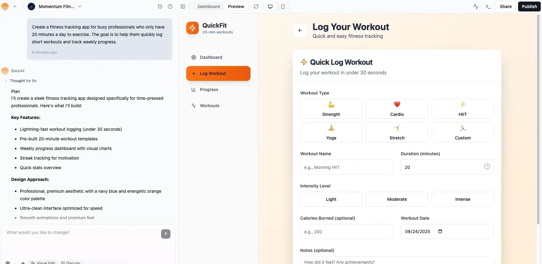 Base44 AI generating a fitness tracking app