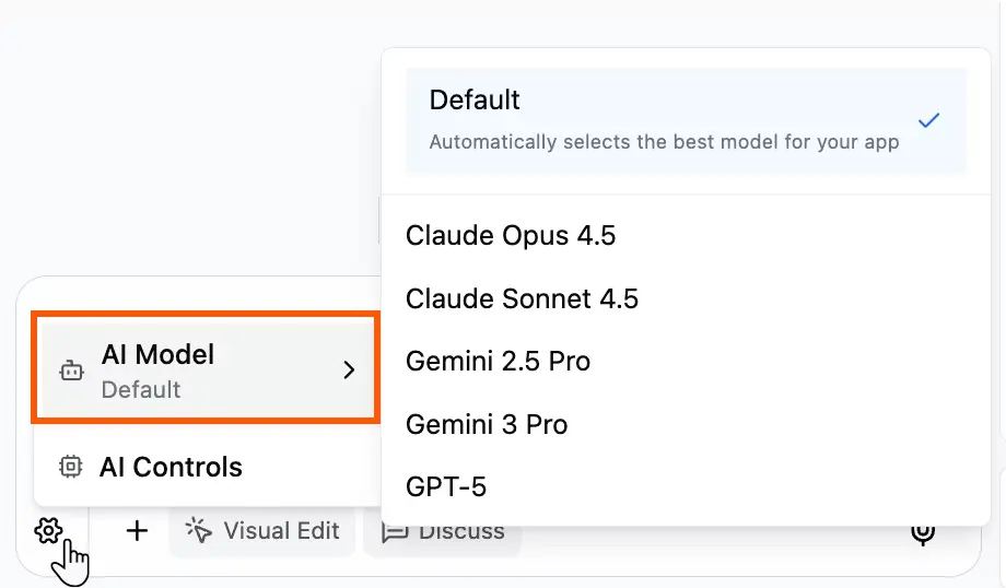Base44 AI model selection showing Claude, Gemini, and GPT options