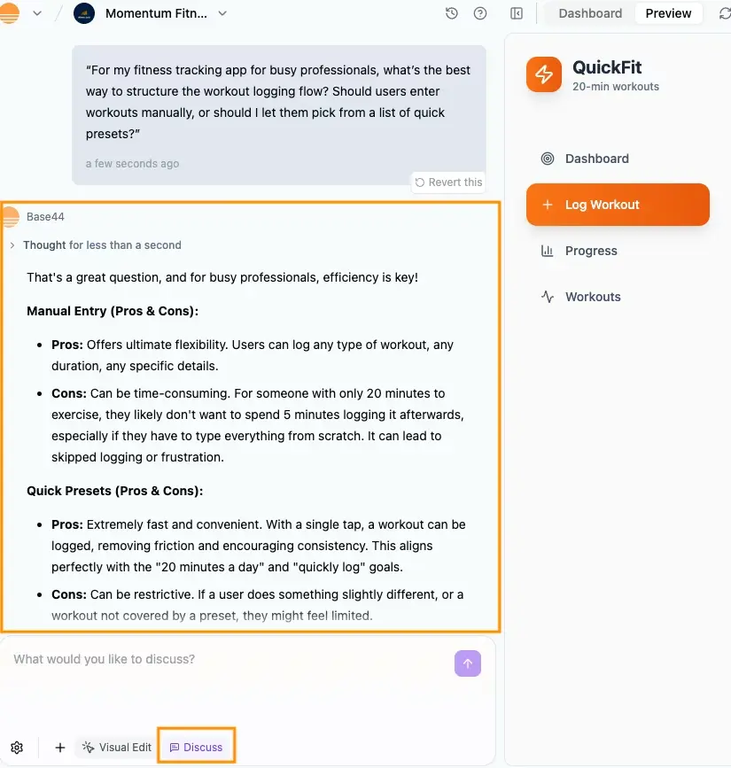 Base44 Discuss mode showing AI analysis of manual entry vs quick presets