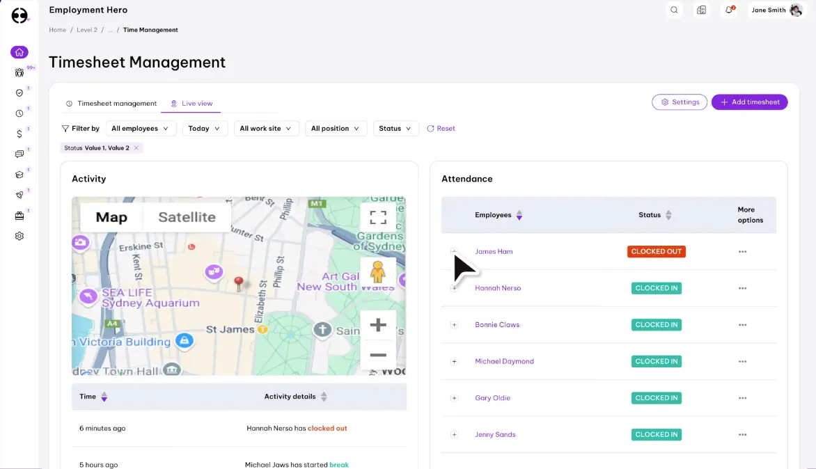 Employment Hero timesheet approval interface