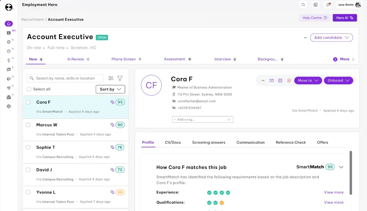 Employment Hero SmartMatch AI recruitment interface showing candidate scoring