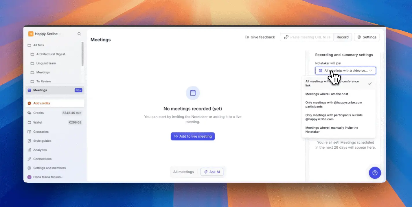 HappyScribe Meeting Settings