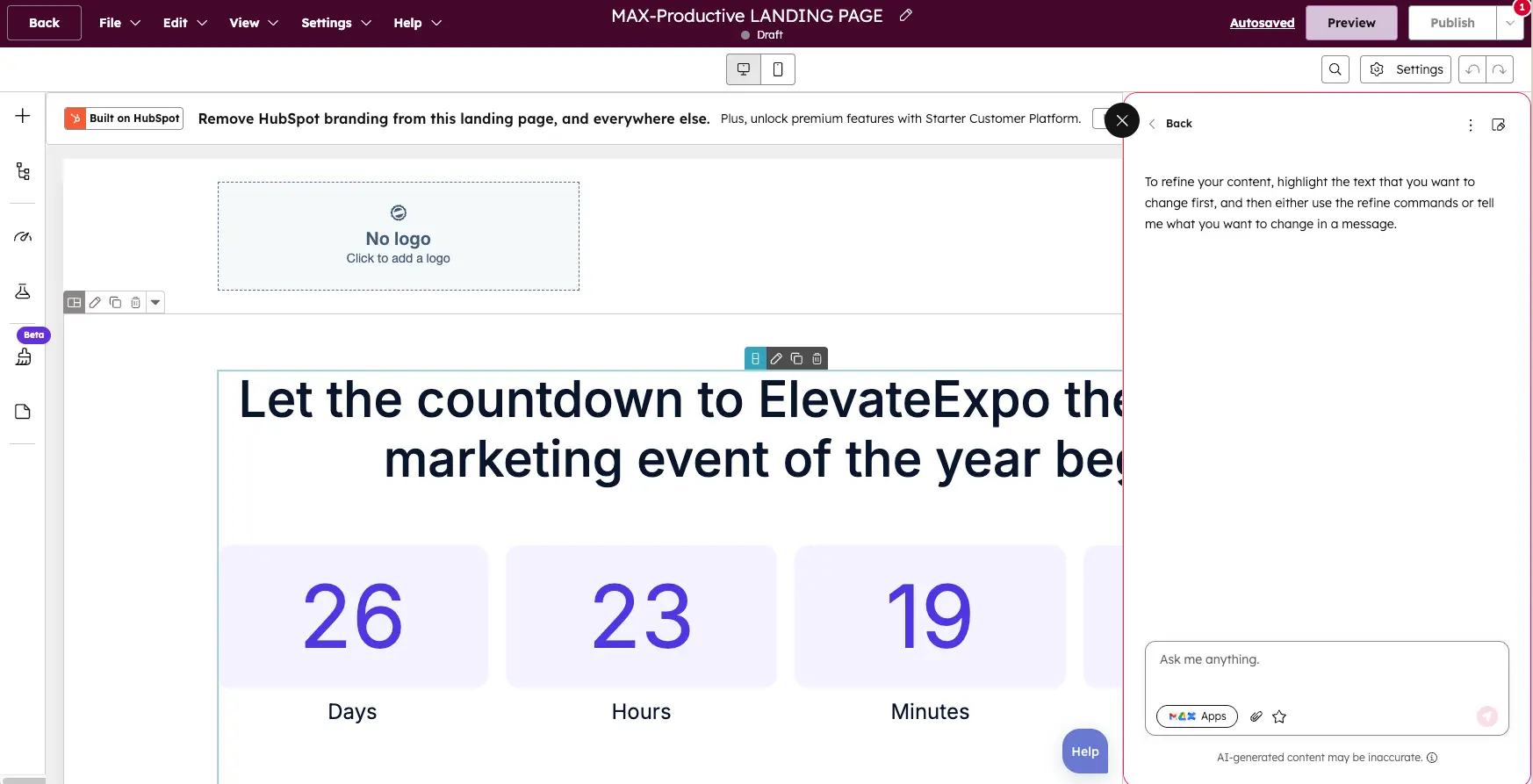 HubSpot landing page builder with countdown timer and AI content assistant