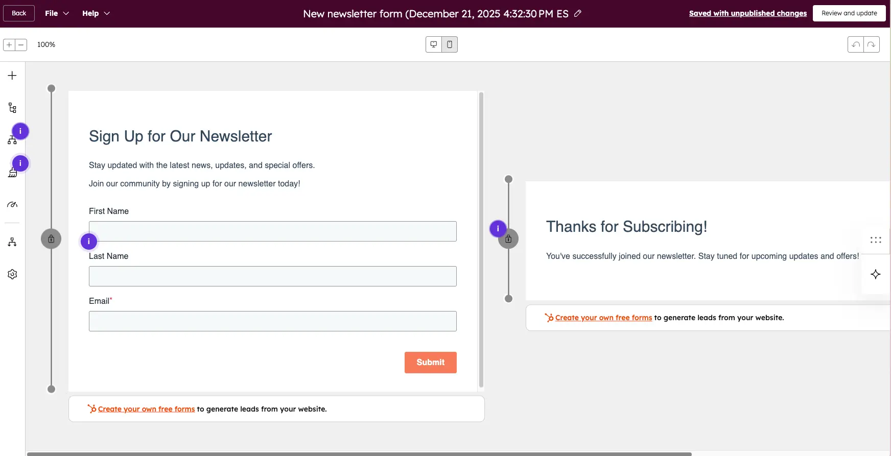HubSpot form builder for newsletter signup with thank you page