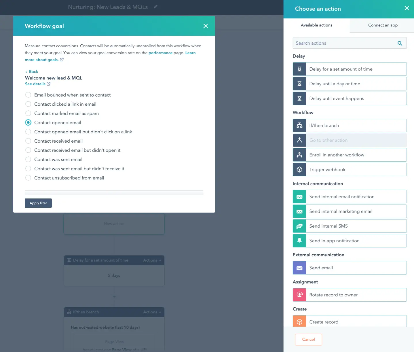 HubSpot workflow goal settings with email engagement triggers