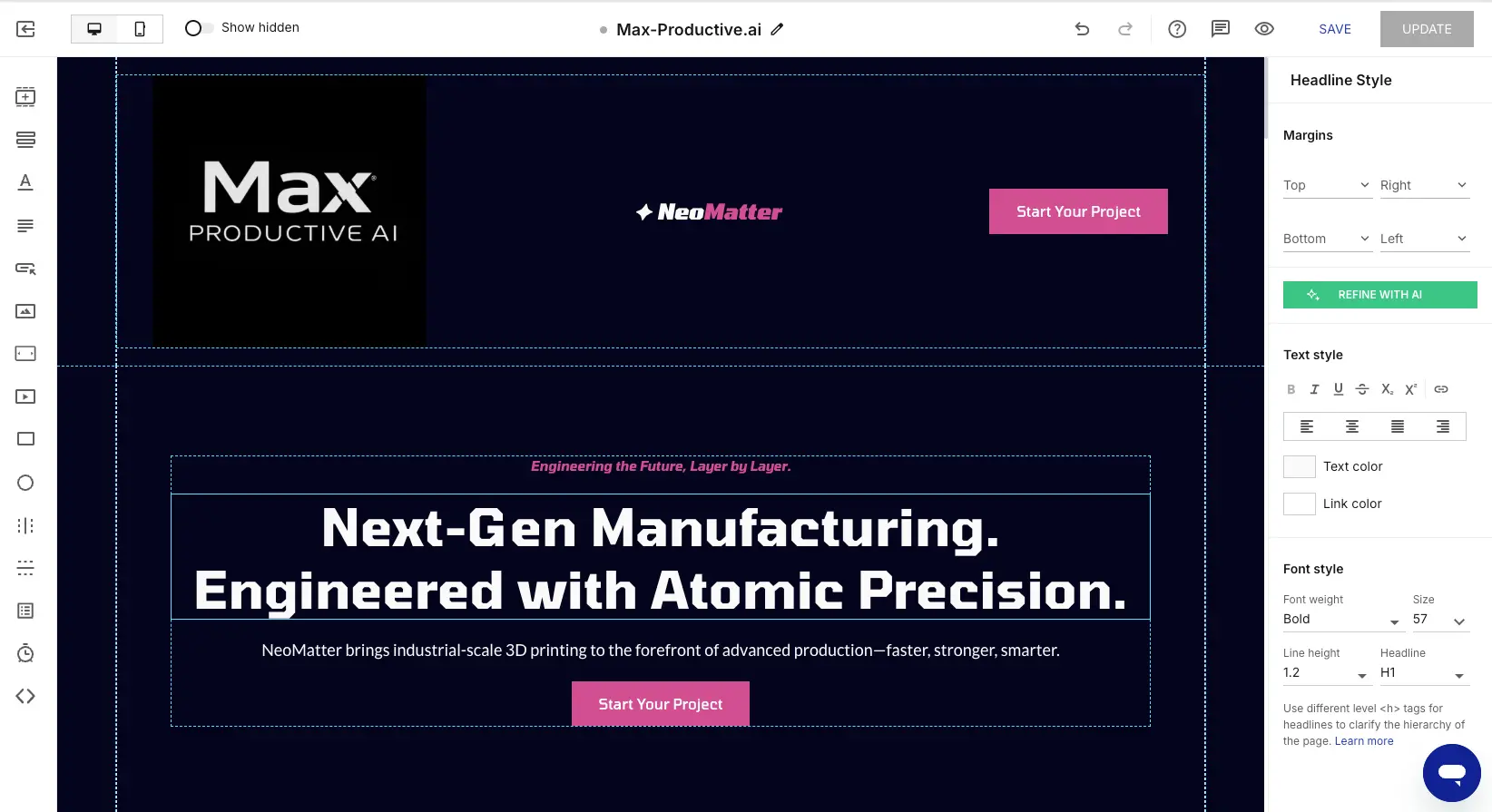 Instapage drag-and-drop editor with AI