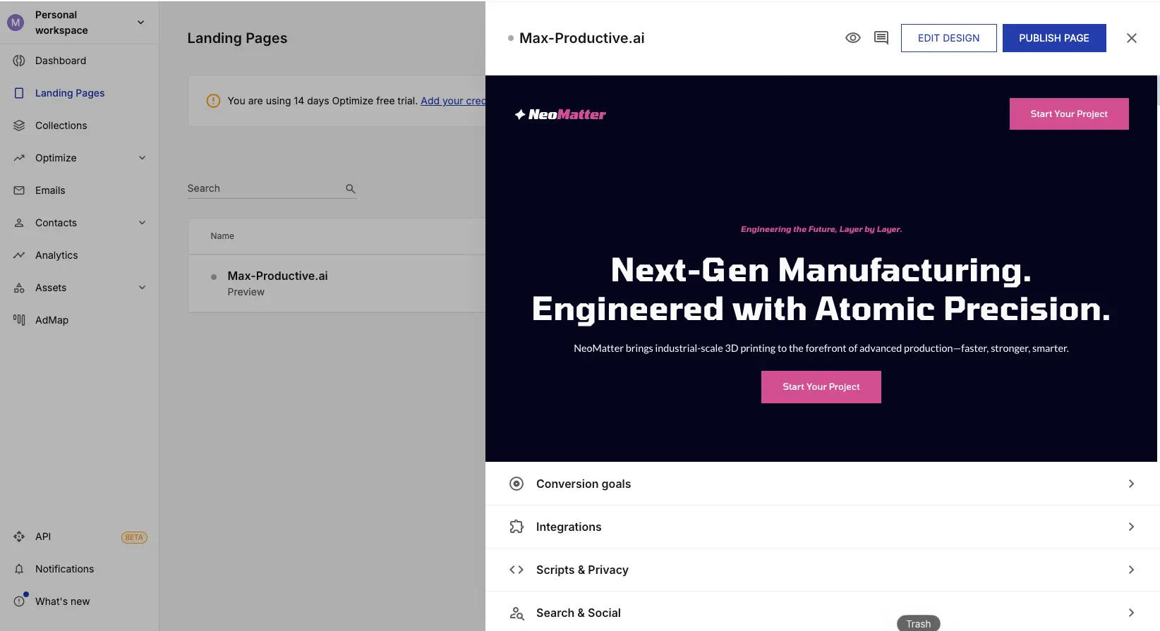 Instapage dashboard interface