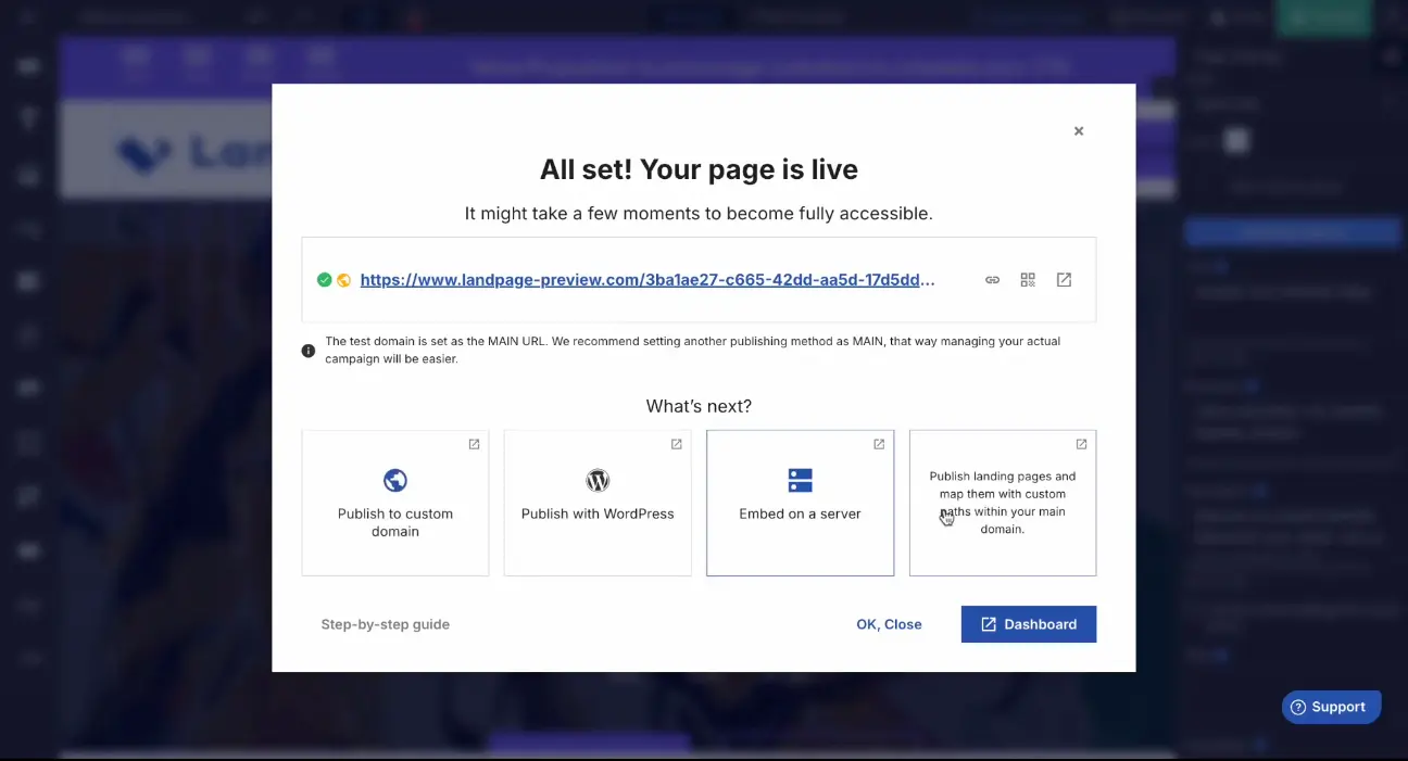 Landingi page publishing confirmation