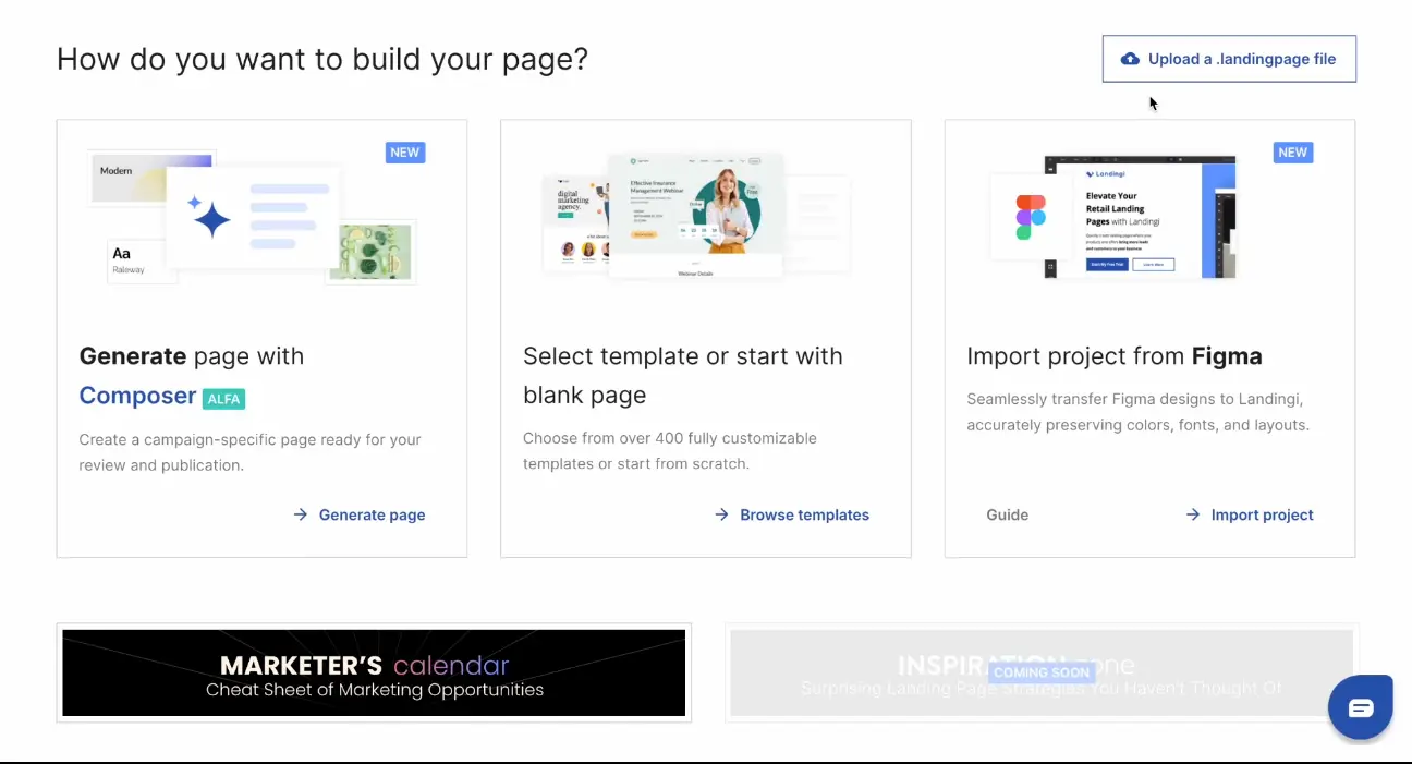 Landingi page creation options with AI Composer and Figma import