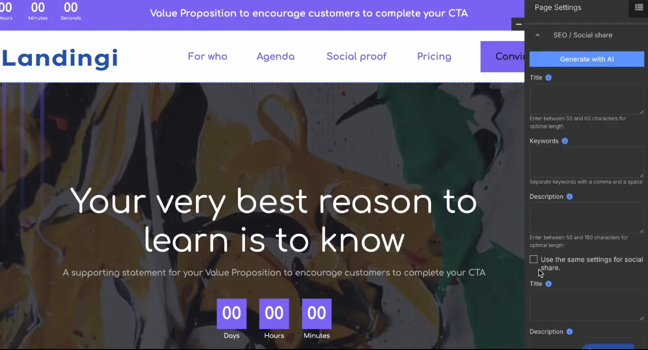 Landingi page editor with countdown timer