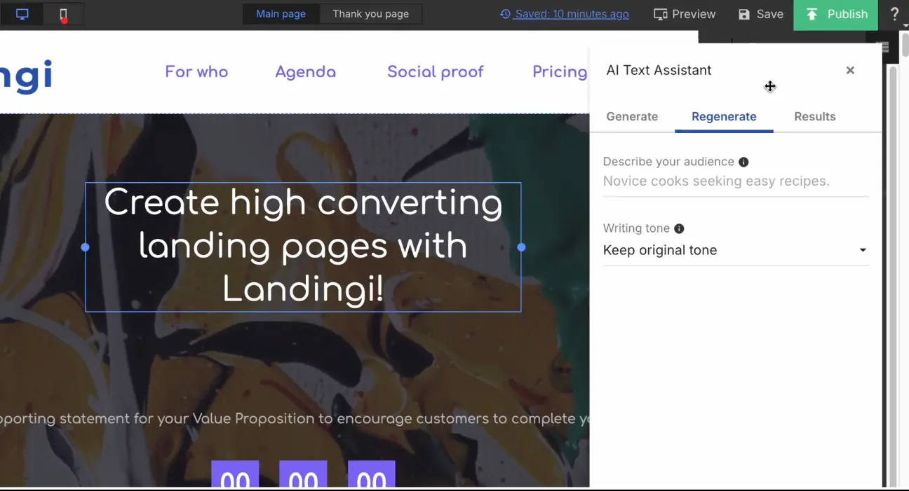 Landingi SEO settings panel