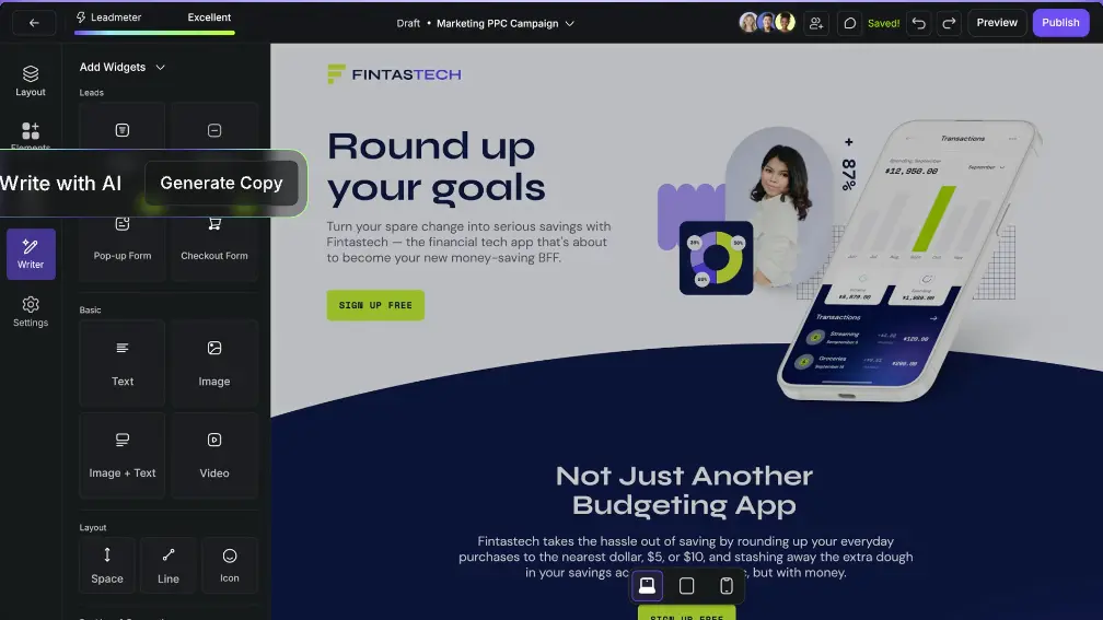 Leadpages drag and drop editor interface