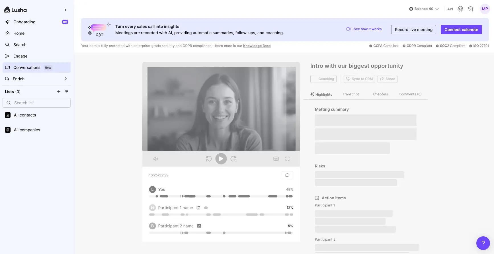 Lusha Conversations AI call recording and insights