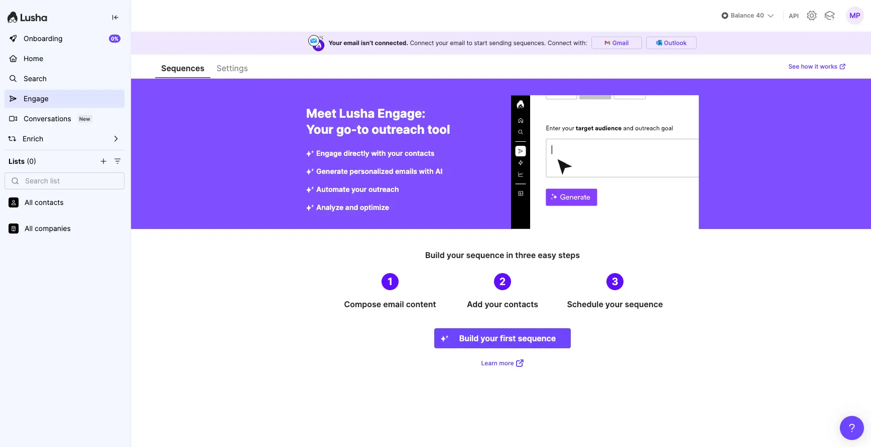 Lusha Engage email sequences for outbound automation