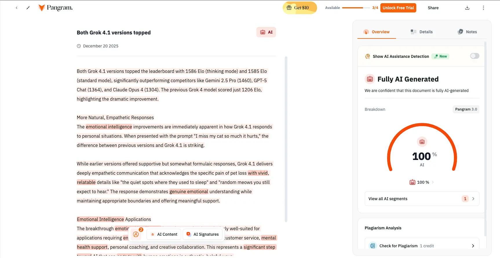 Pangram 3.0 features showing AI detection score with 100% AI result