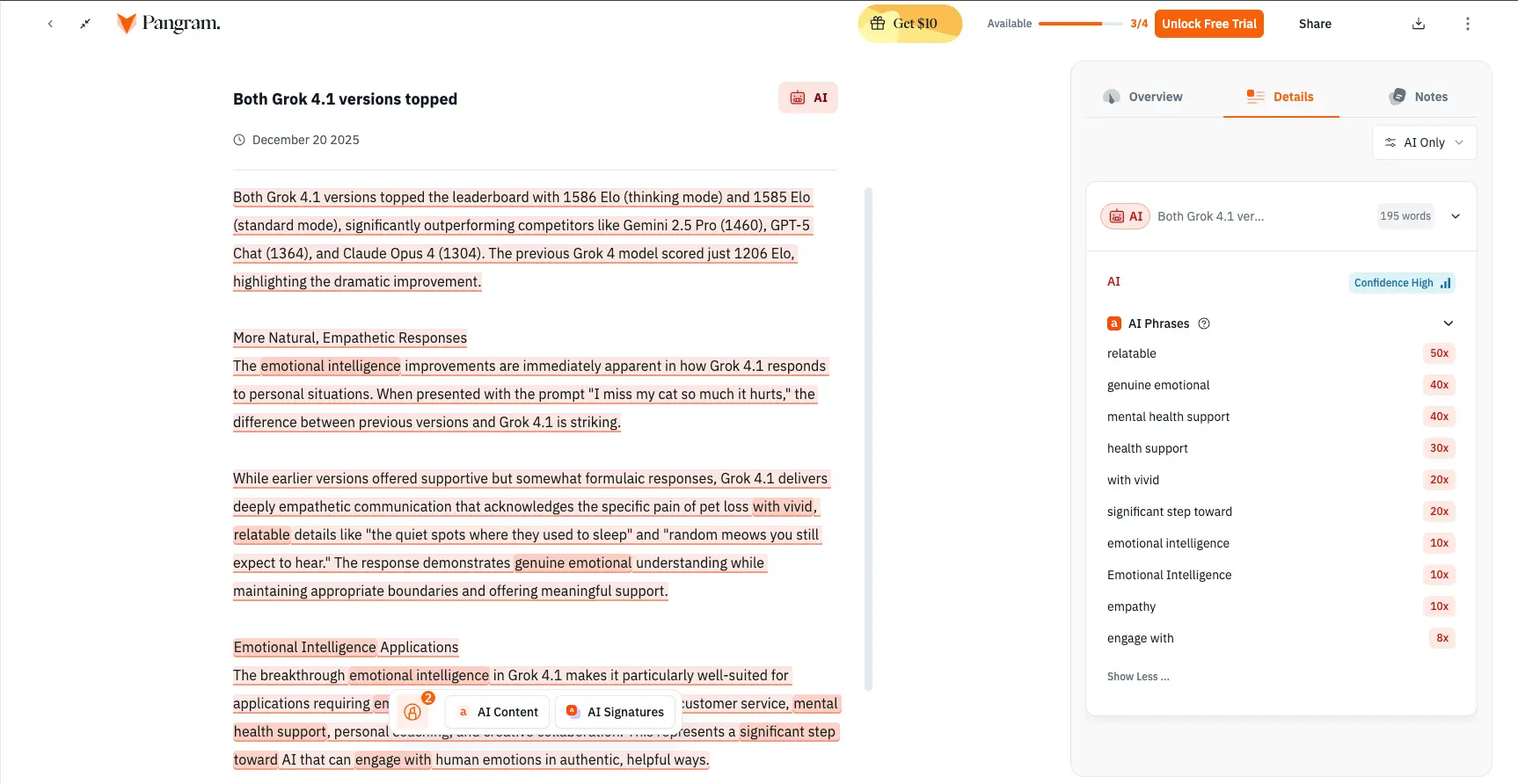 Pangram AI detector showing highlighted AI phrases analysis report